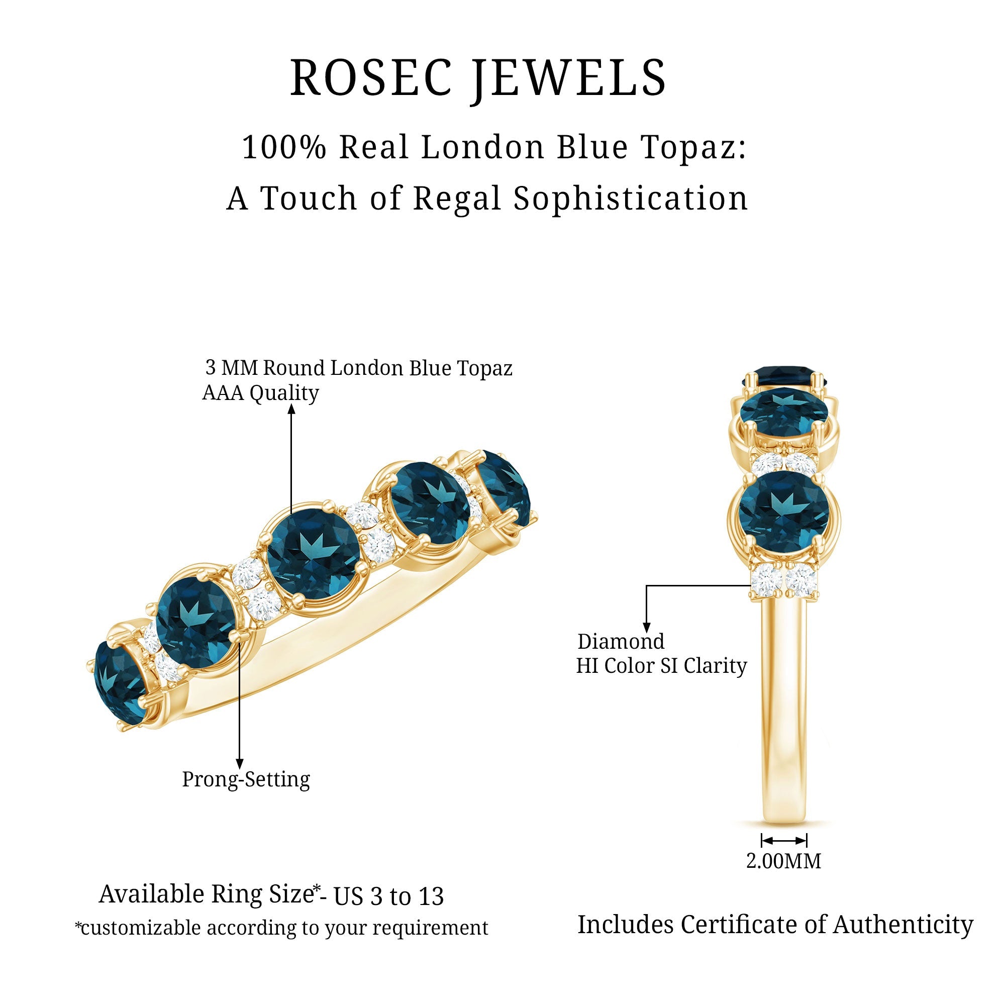 Round London Blue Topaz and Diamond Half Eternity Band