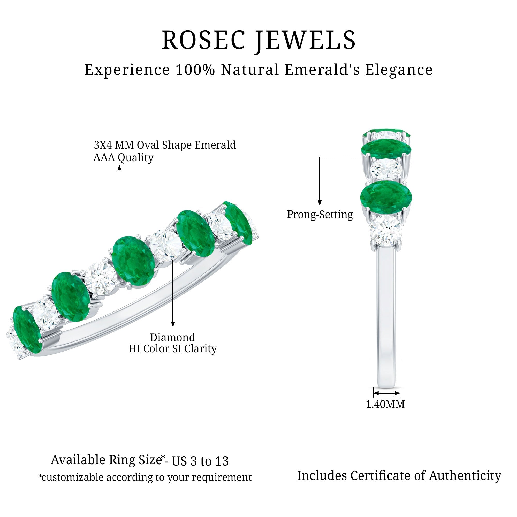 Oval Cut Emerald and Diamond Semi Eternity Ring