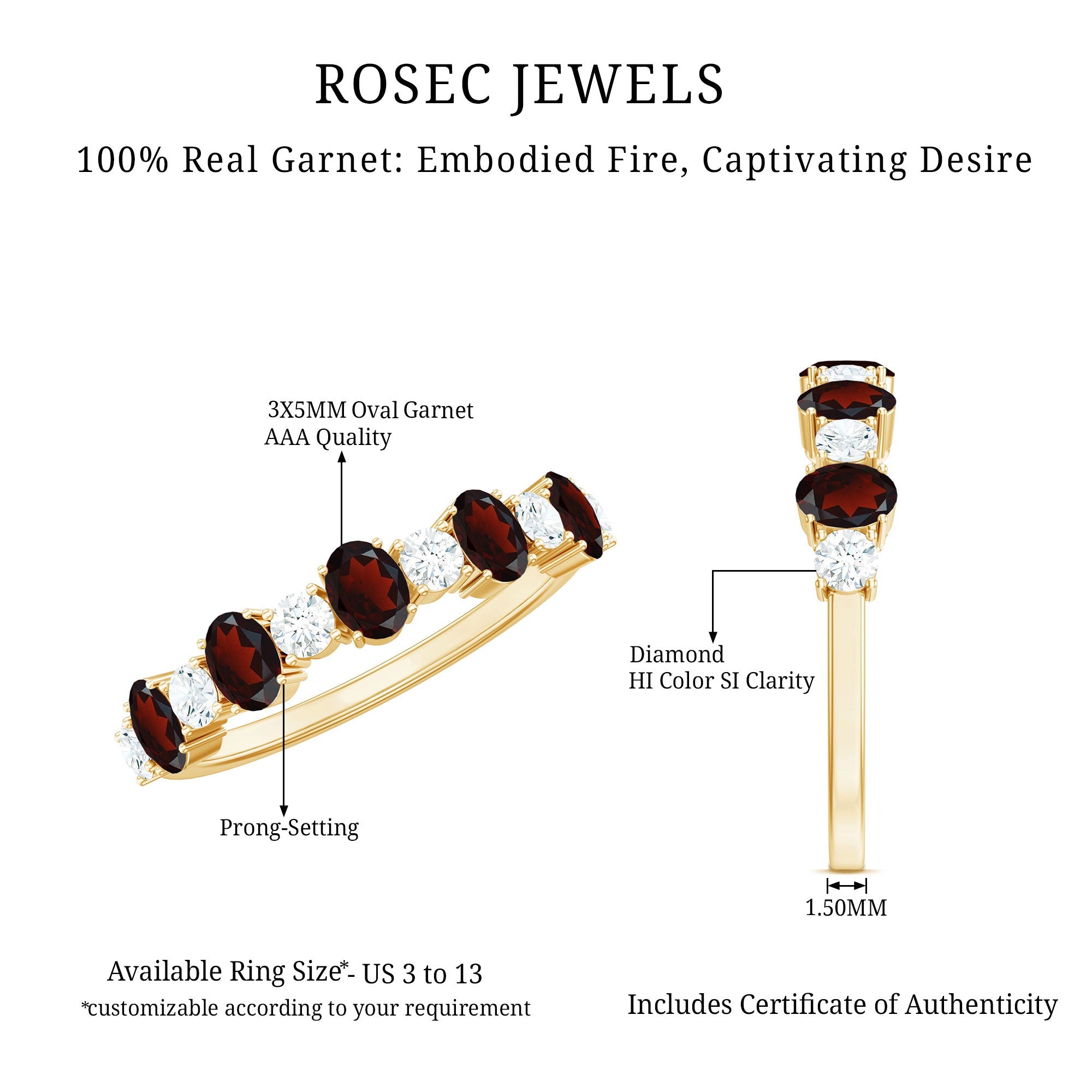 Certified Real Garnet Diamond Half Eternity Ring for Anniversary