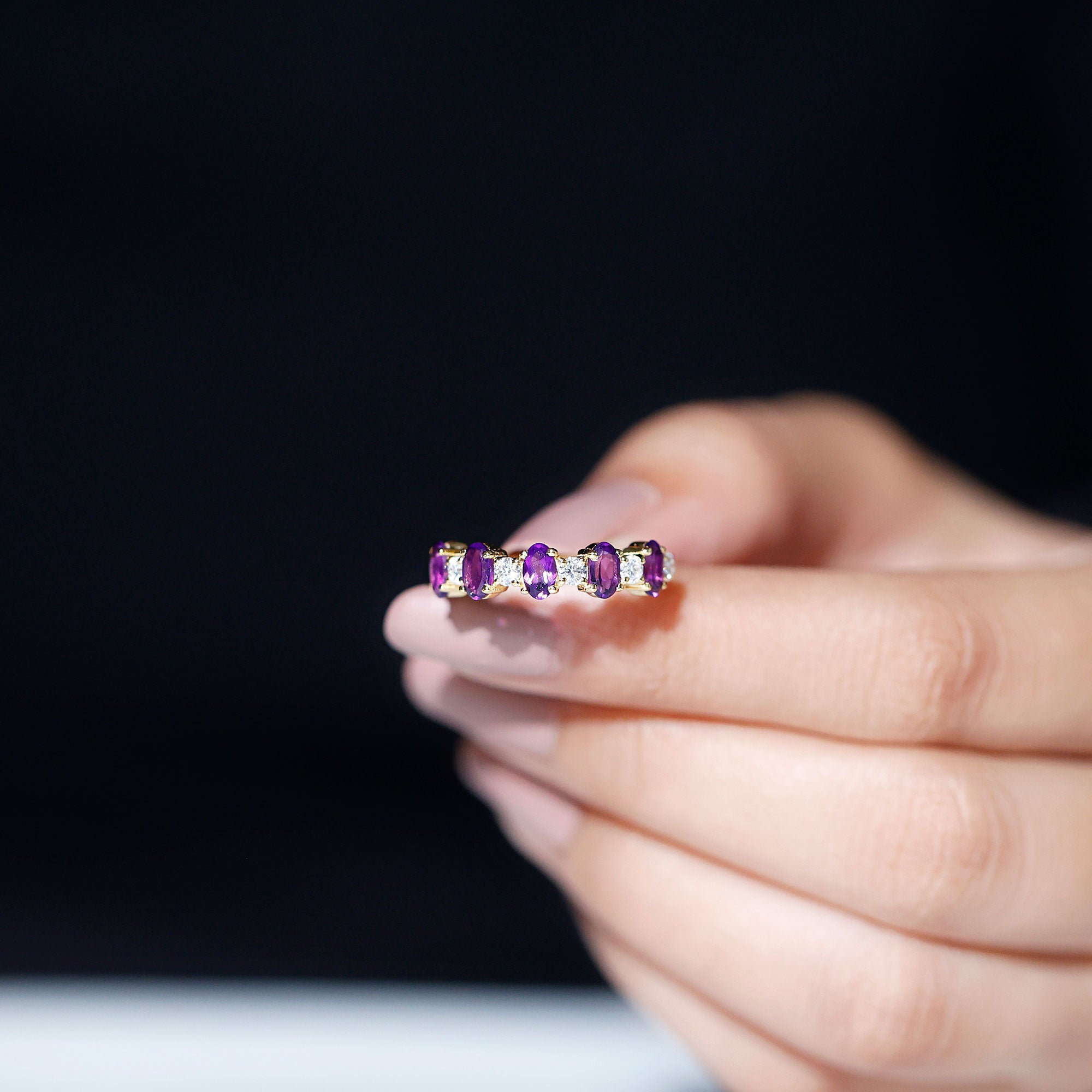 Natural Oval Amethyst Diamond Half Eternity Ring for Women
