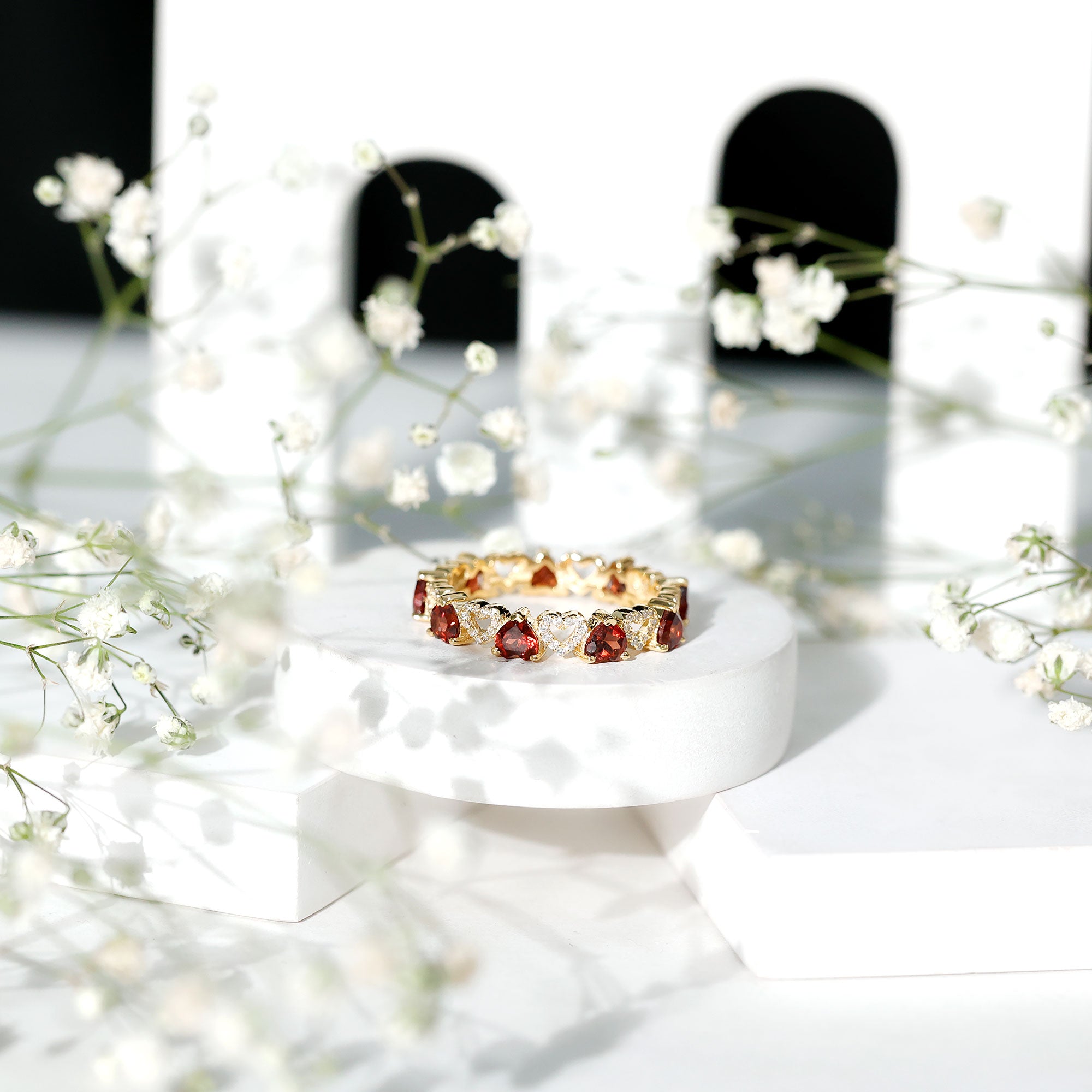 Natural Garnet Diamond Heart Eternity Ring for Anniversary