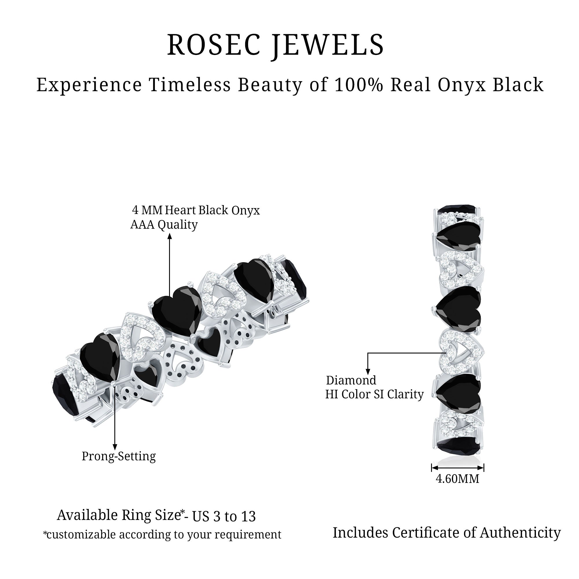 Genuine Black Onyx and Diamond Heart Wedding Band