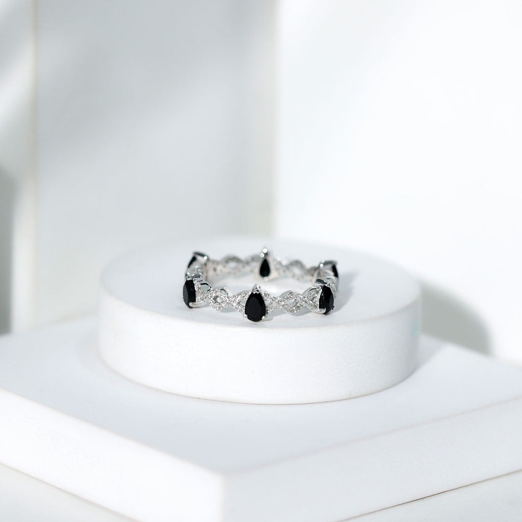 Pear Shaped Black Onyx and Diamond Crossover Wedding Band