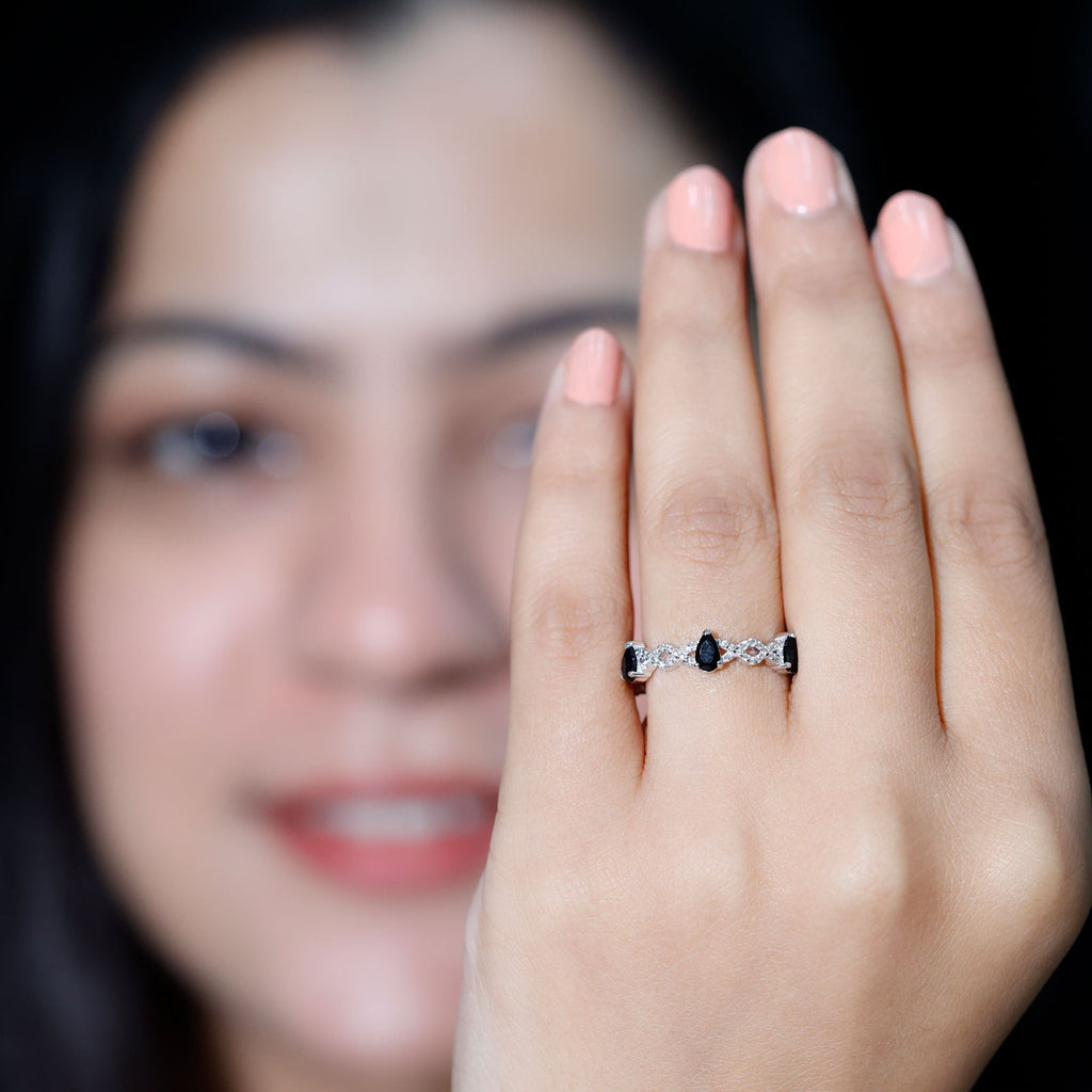 Pear Shaped Black Onyx and Diamond Crossover Wedding Band