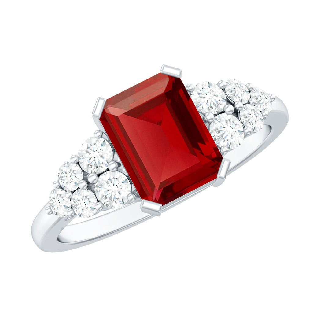 Certified 2.2 Carat Lab Grown Ruby Emerald Cut Engagement Ring with Real Diamond