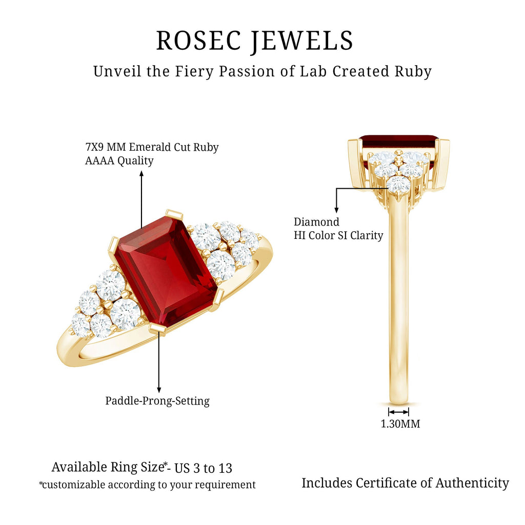 Certified 2.2 Carat Lab Grown Ruby Emerald Cut Engagement Ring with Real Diamond