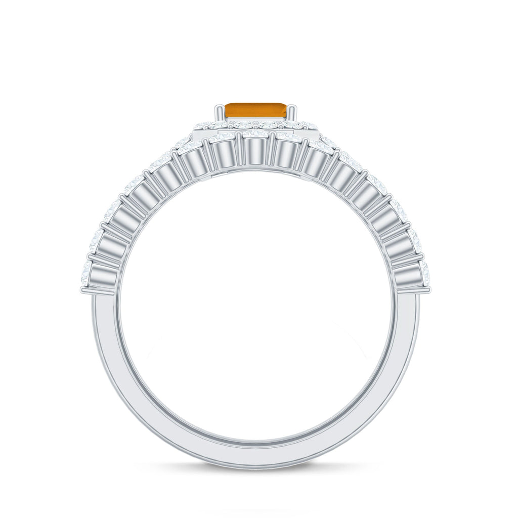 Emerald Cut Citrine Halo Engagement Ring with Moissanite Wedding Band