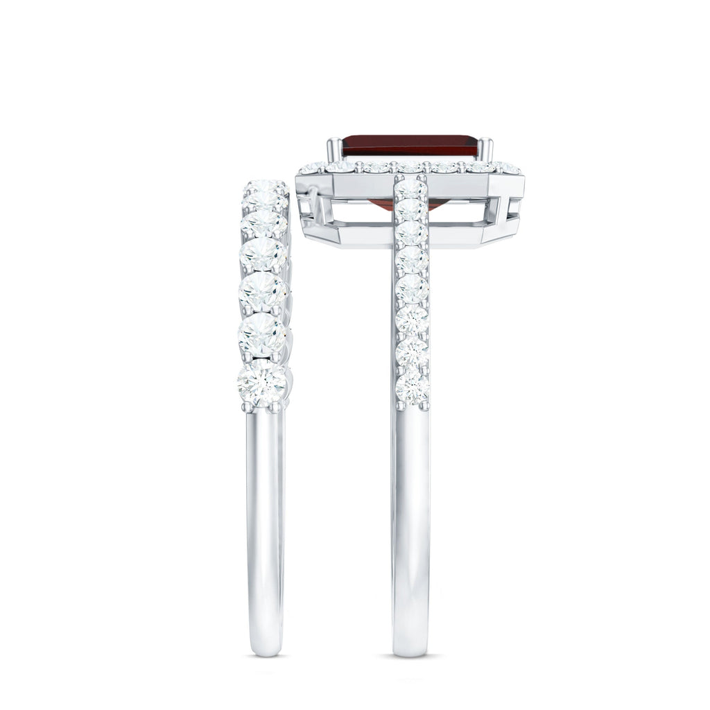 Genuine 2 Carat Emerald Cut Garnet Moissanite Wedding Ring Set of 2