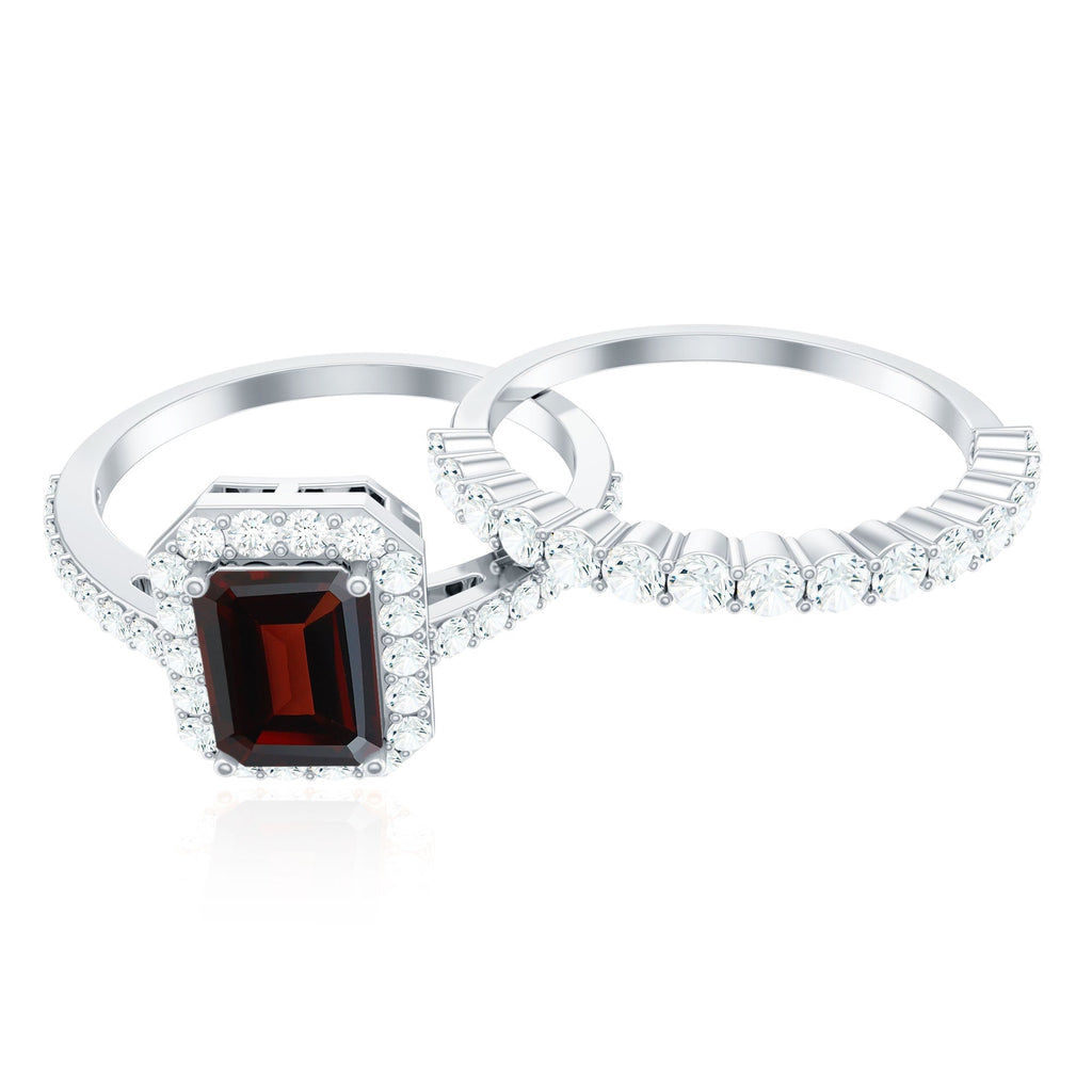 Genuine 2 Carat Emerald Cut Garnet Moissanite Wedding Ring Set of 2