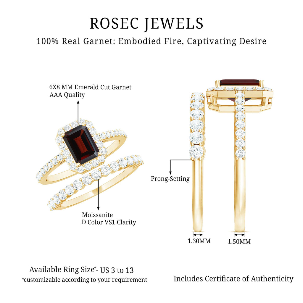Genuine 2 Carat Emerald Cut Garnet Moissanite Wedding Ring Set of 2