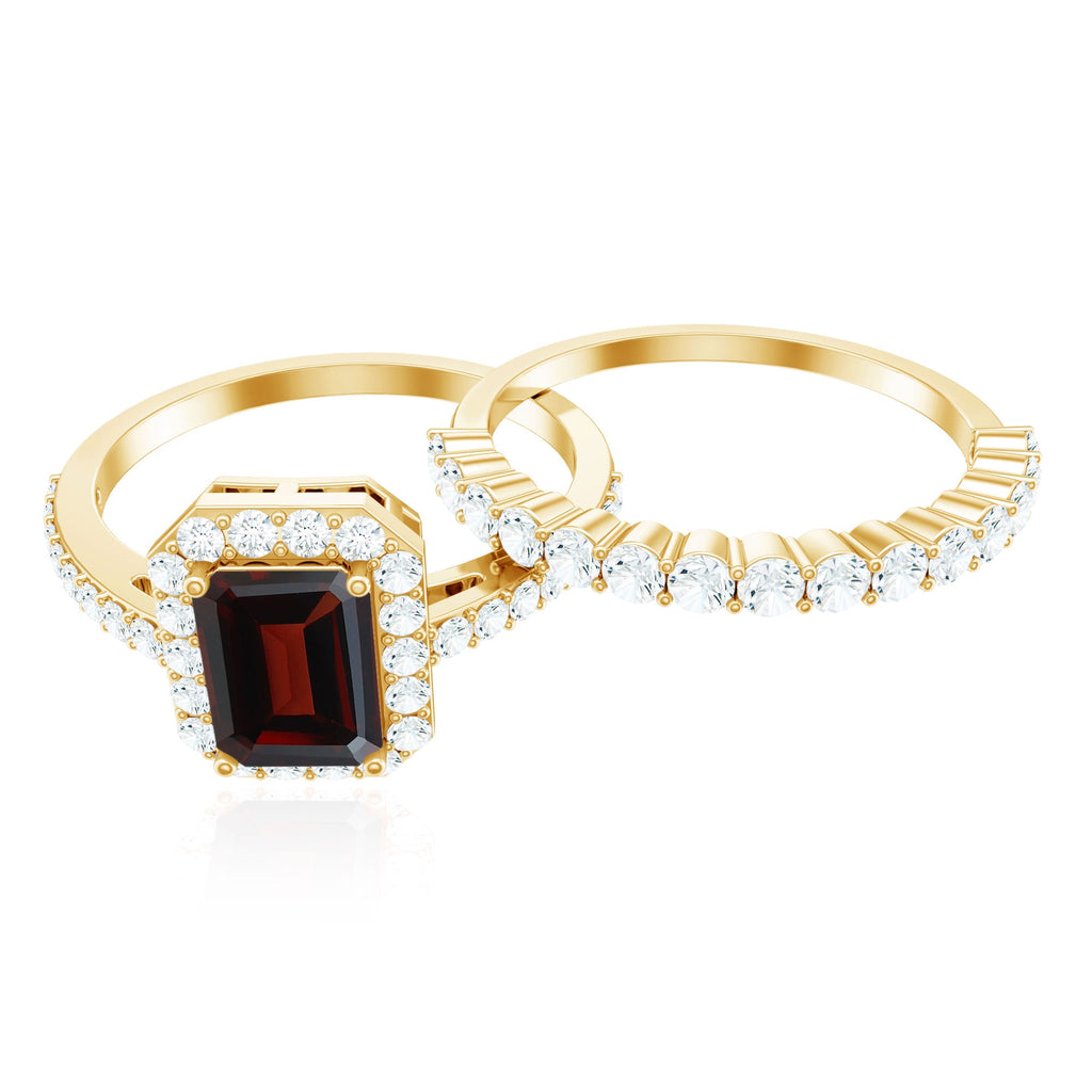 Genuine 2 Carat Emerald Cut Garnet Moissanite Wedding Ring Set of 2