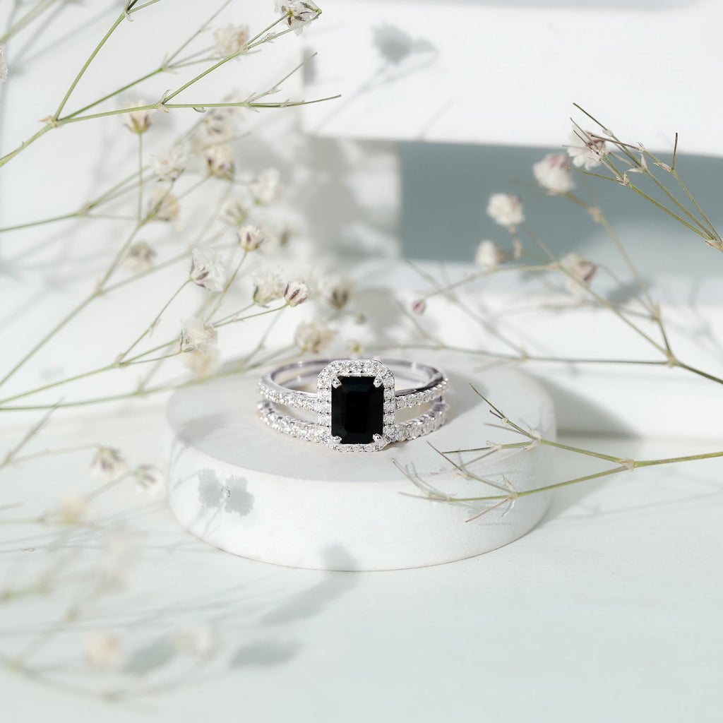 Emerald Cut Black Onyx Wedding Ring Set with Moissanite