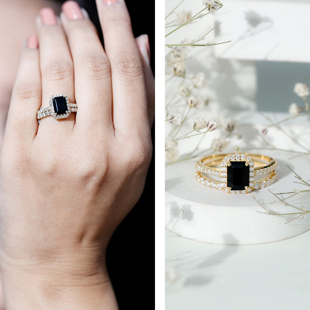 Emerald Cut Black Onyx Wedding Ring Set with Moissanite