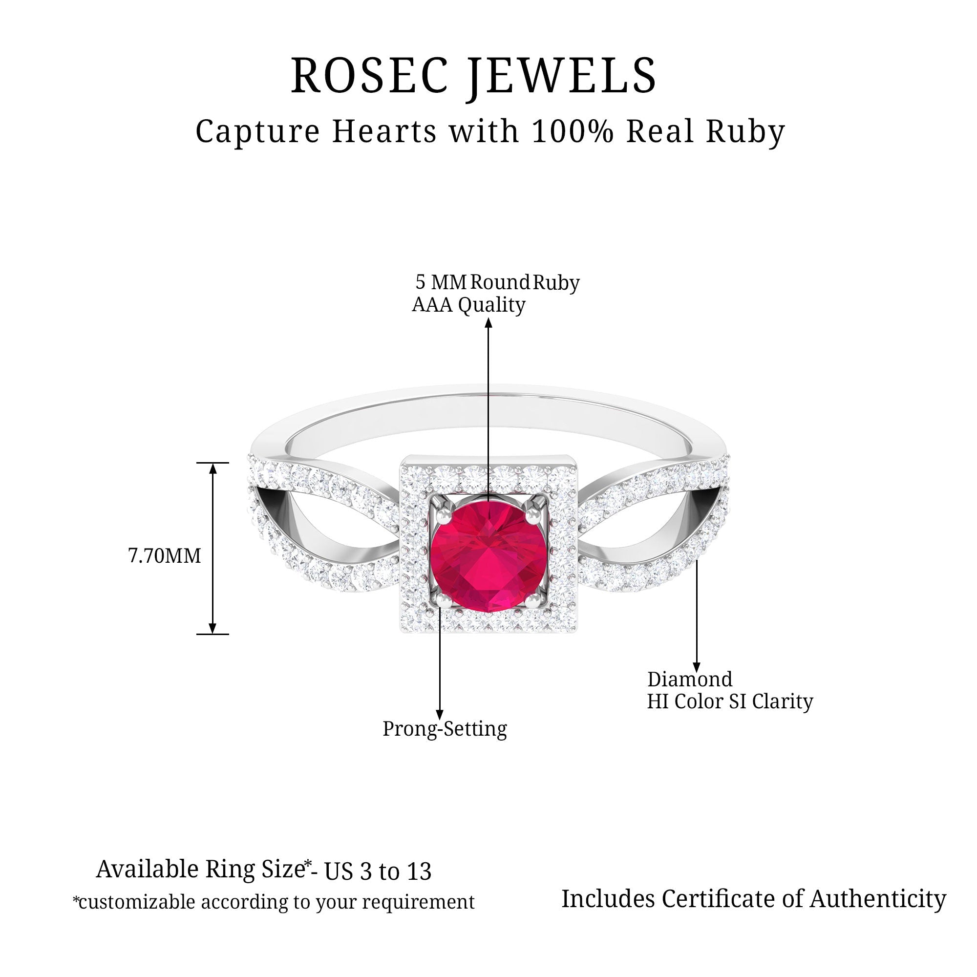 Real 0.6 Carat Ruby Engagement Ring with Diamond Split Shank