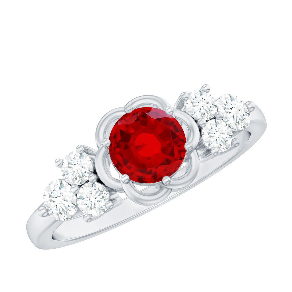 Nature Inspired 1.3 Carat Lab Grown Ruby Engagement Ring with Diamond Trio