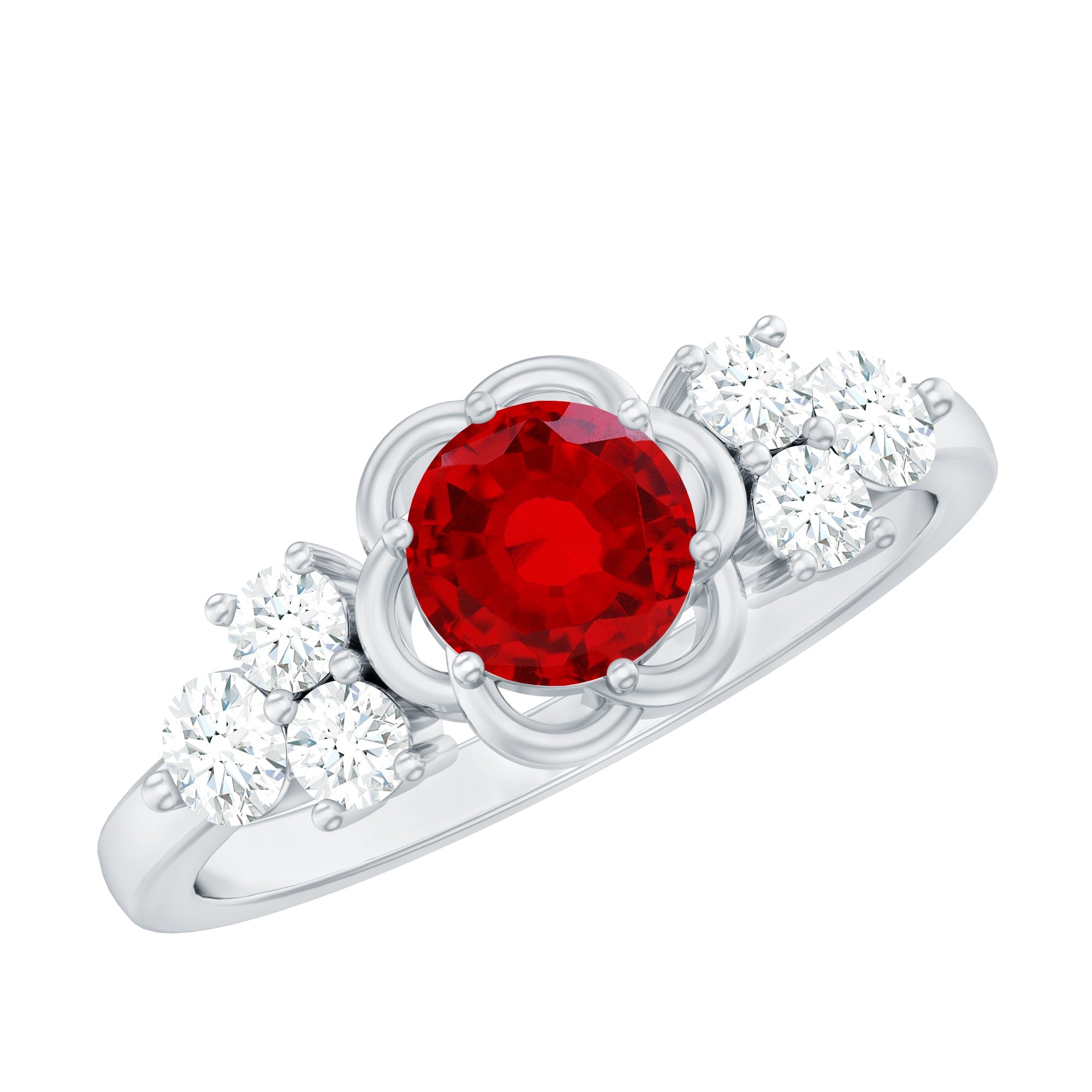 Nature Inspired 1.3 Carat Lab Grown Ruby Engagement Ring with Diamond Trio