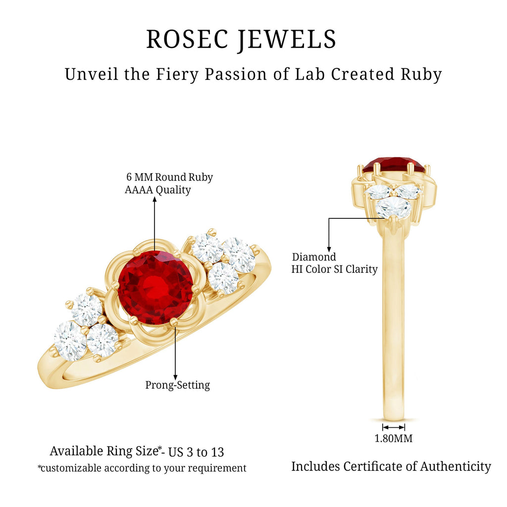 Nature Inspired 1.3 Carat Lab Grown Ruby Engagement Ring with Diamond Trio