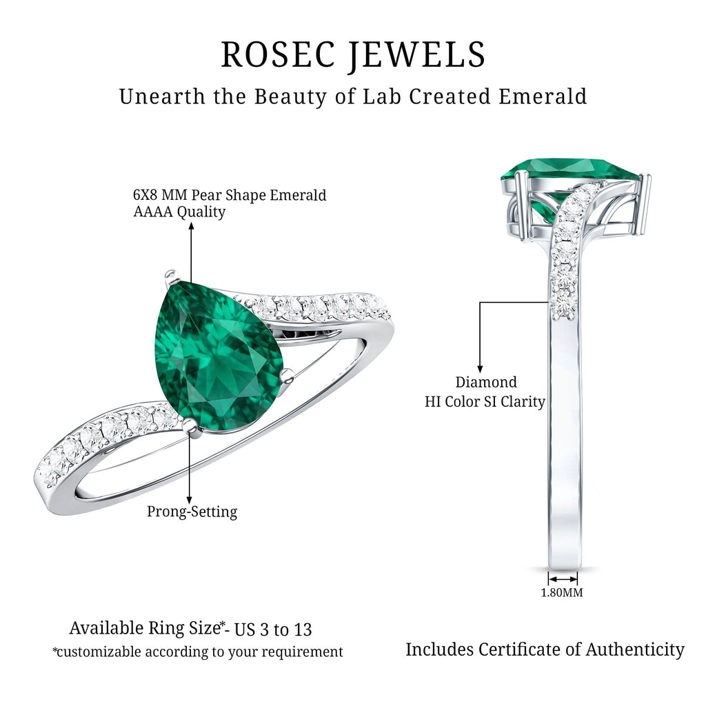 Classic Lab Grown Emerald Diamond Teardrop Engagement Ring with Bypass Shank