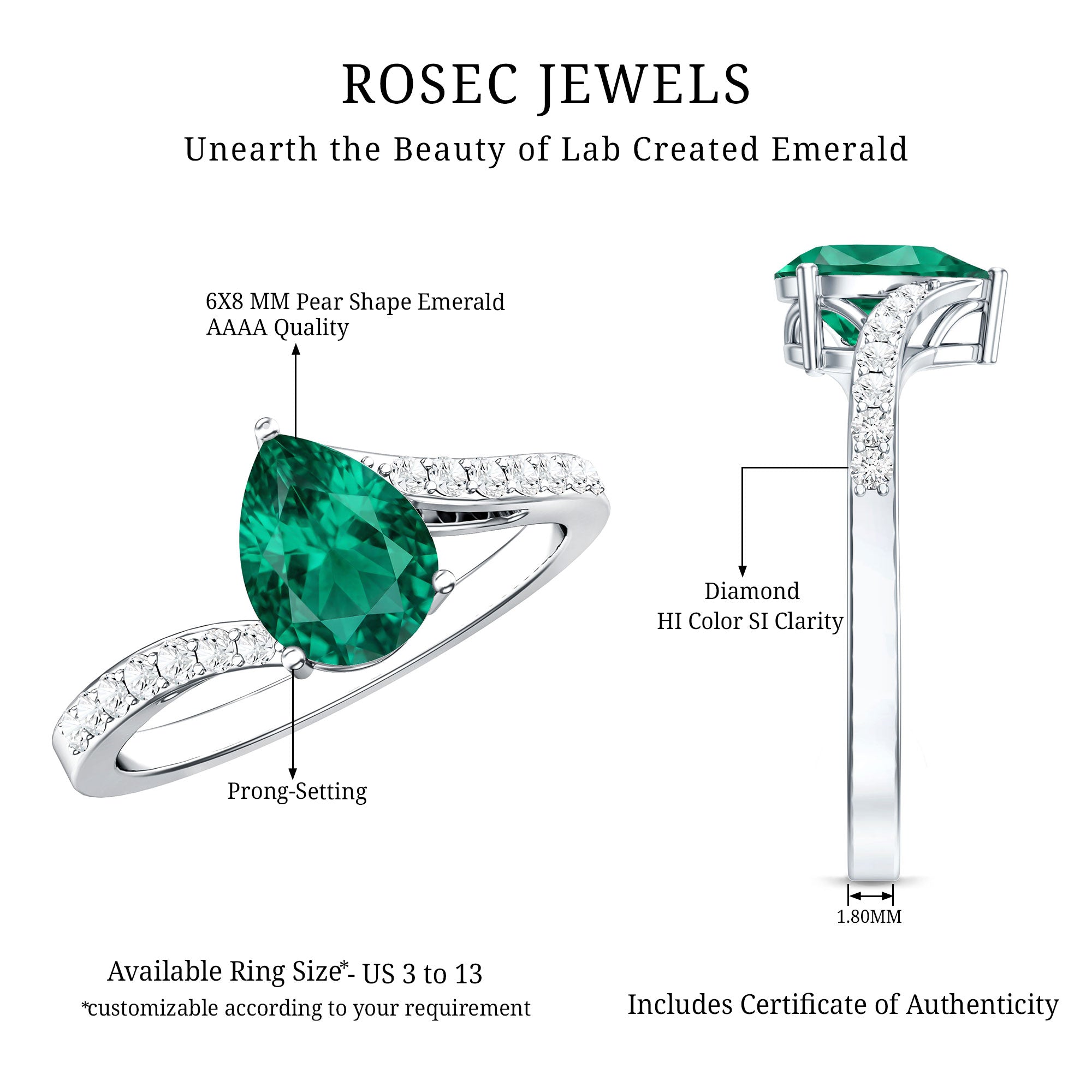 Classic Lab Grown Emerald Diamond Teardrop Engagement Ring with Bypass Shank