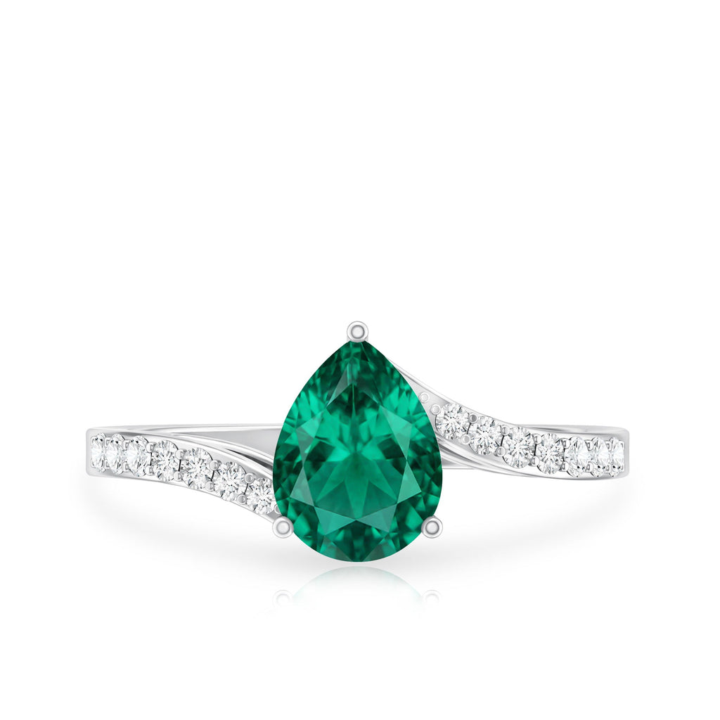 Classic Lab Grown Emerald Diamond Teardrop Engagement Ring with Bypass Shank