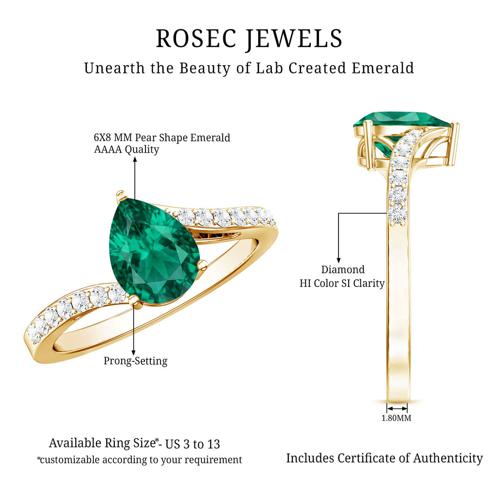 Classic Lab Grown Emerald Diamond Teardrop Engagement Ring with Bypass Shank