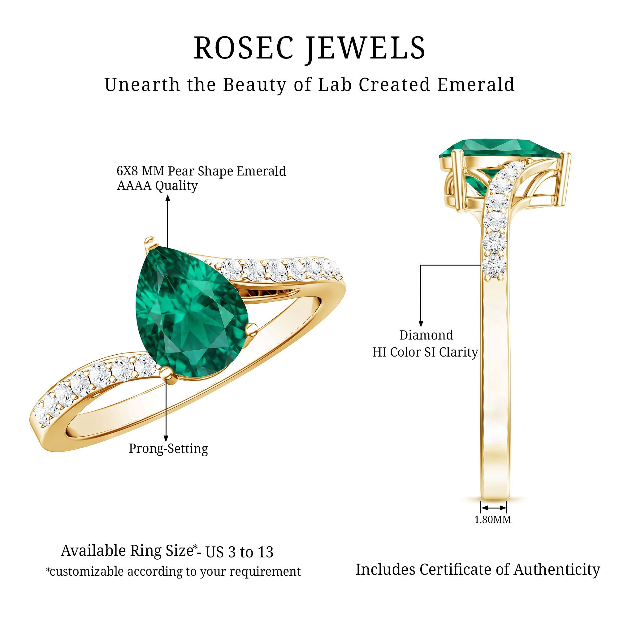 Classic Lab Grown Emerald Diamond Teardrop Engagement Ring with Bypass Shank