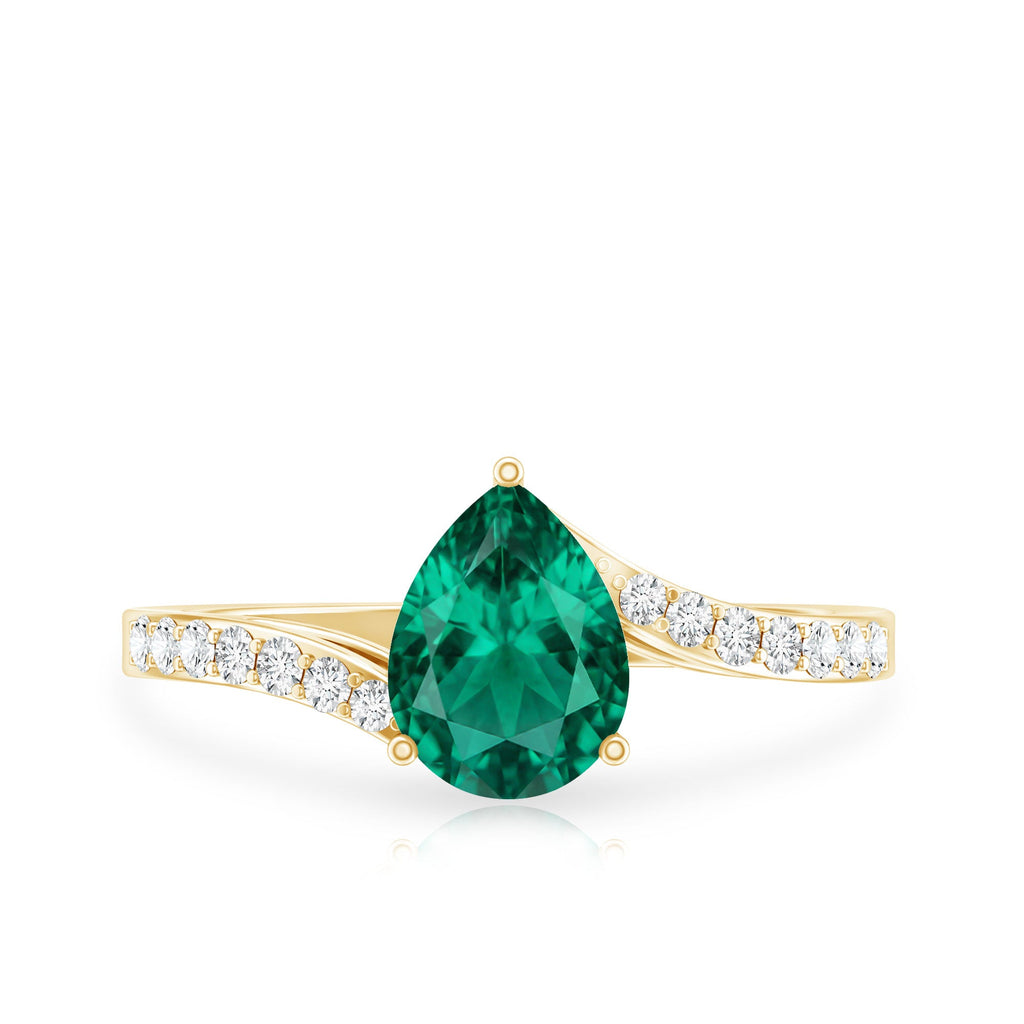 Classic Lab Grown Emerald Diamond Teardrop Engagement Ring with Bypass Shank