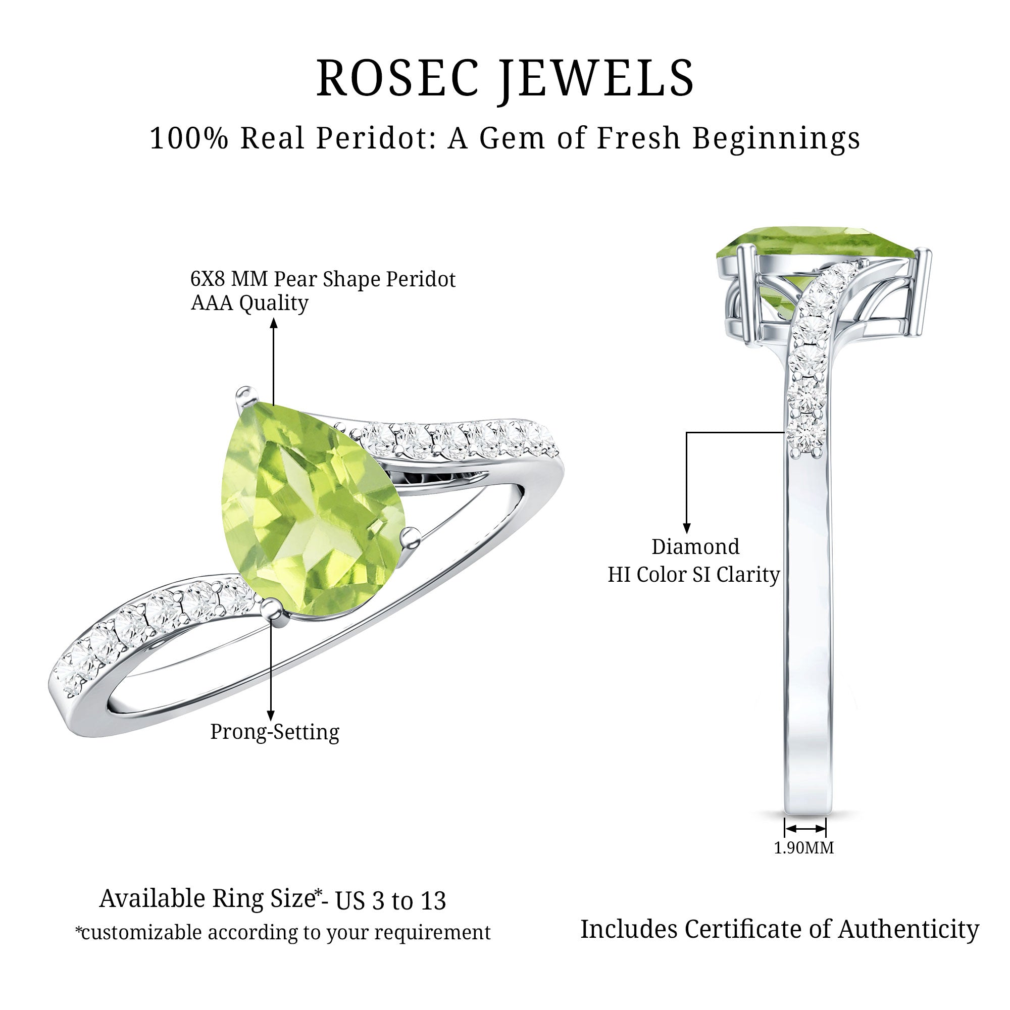 1 Carat Pear Shaped Peridot Engagement Ring with Diamond Bypass Shank