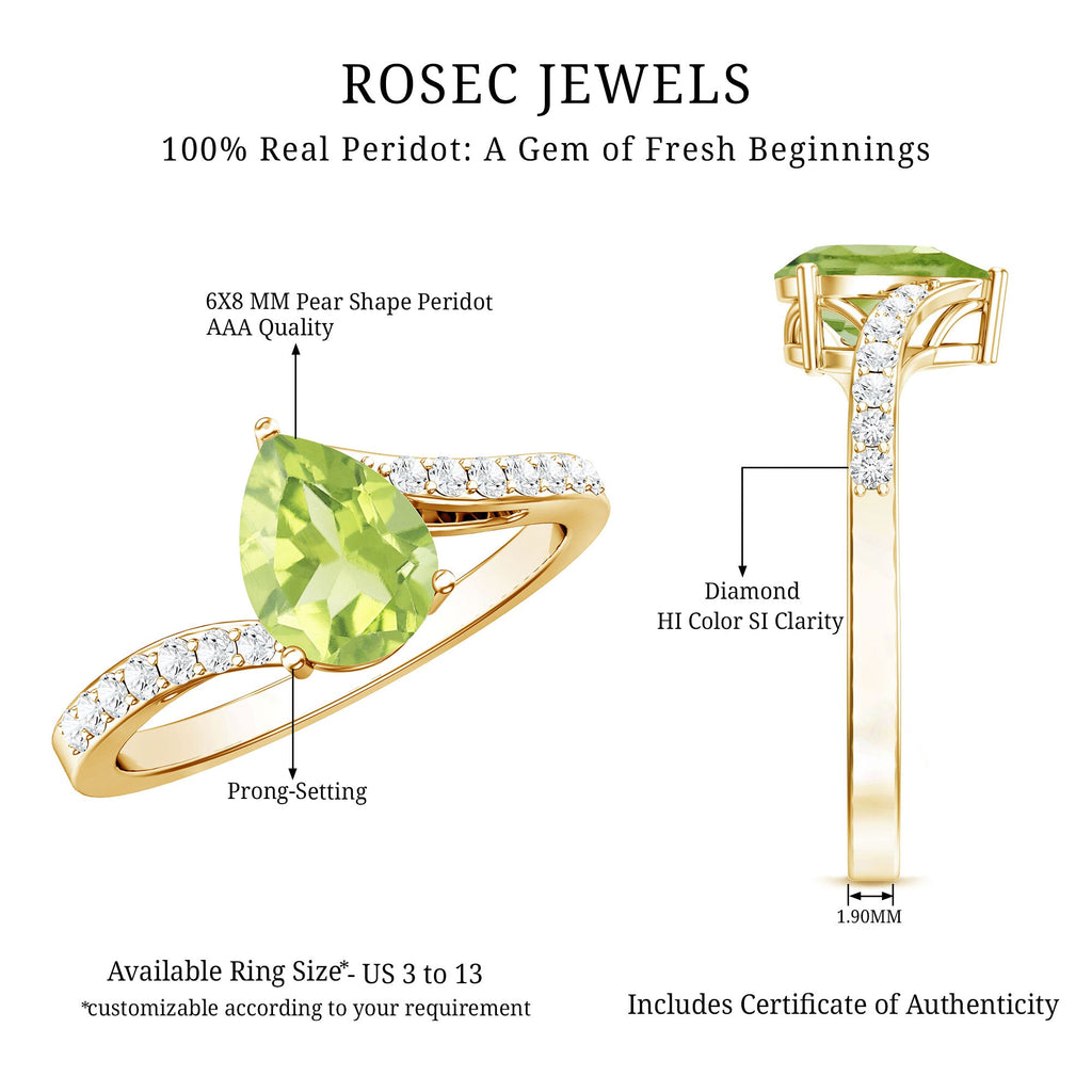 1 Carat Pear Shaped Peridot Engagement Ring with Diamond Bypass Shank