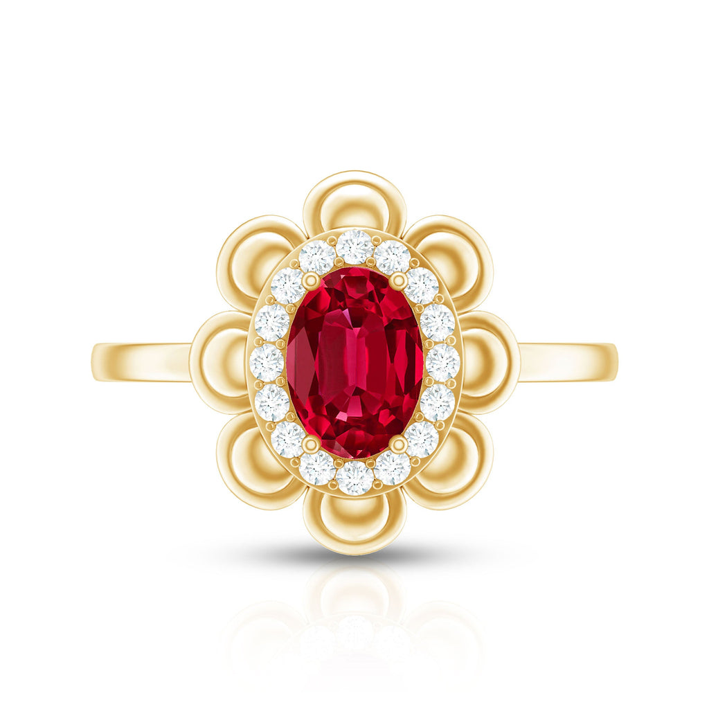 Certified 1.5 Carat Lab Grown Ruby Flower Engagement Ring with Diamond