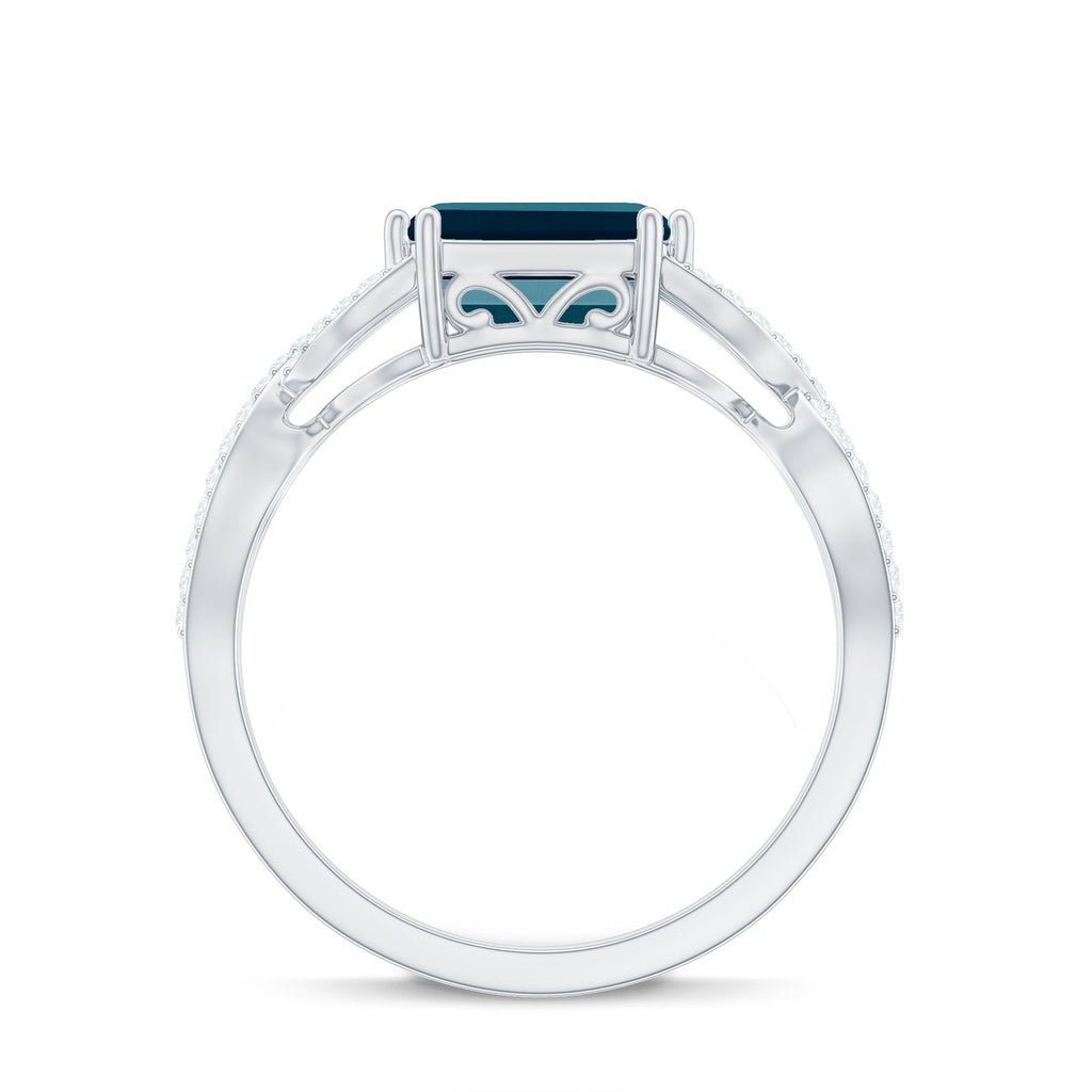 2.2 Carat Emerald Cut London Blue Topaz East West Engagement Ring with Diamond