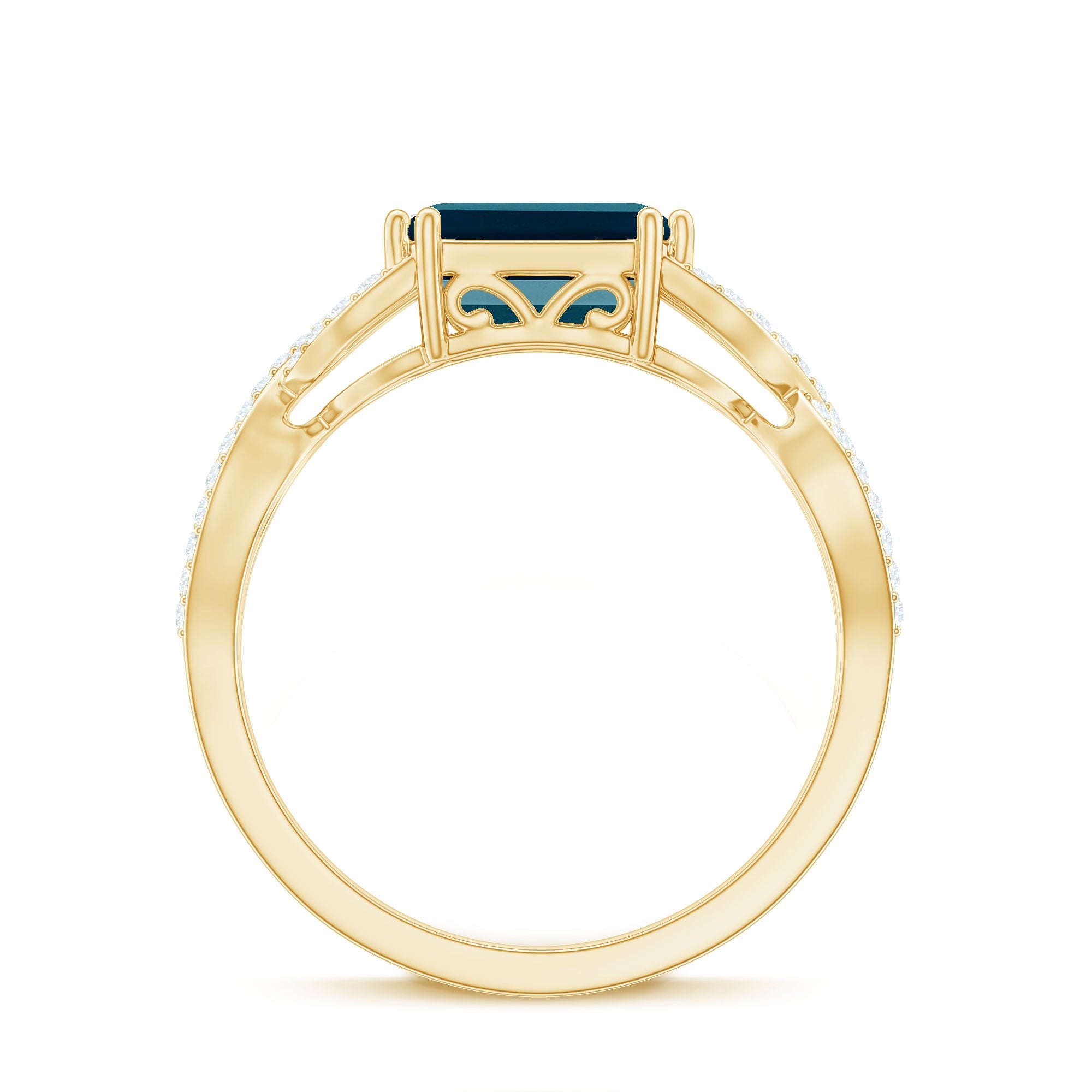 2.2 Carat Emerald Cut London Blue Topaz East West Engagement Ring with Diamond