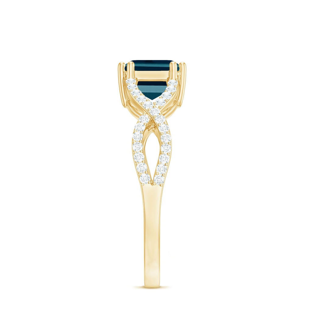 2.2 Carat Emerald Cut London Blue Topaz East West Engagement Ring with Diamond