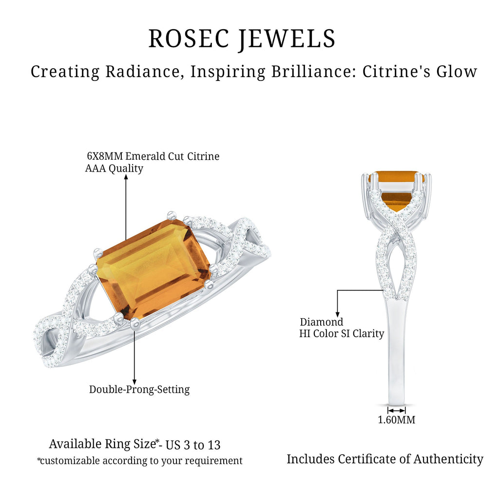 Natural Citrine Diamond Emerald Cut Engagement Ring in East West Style