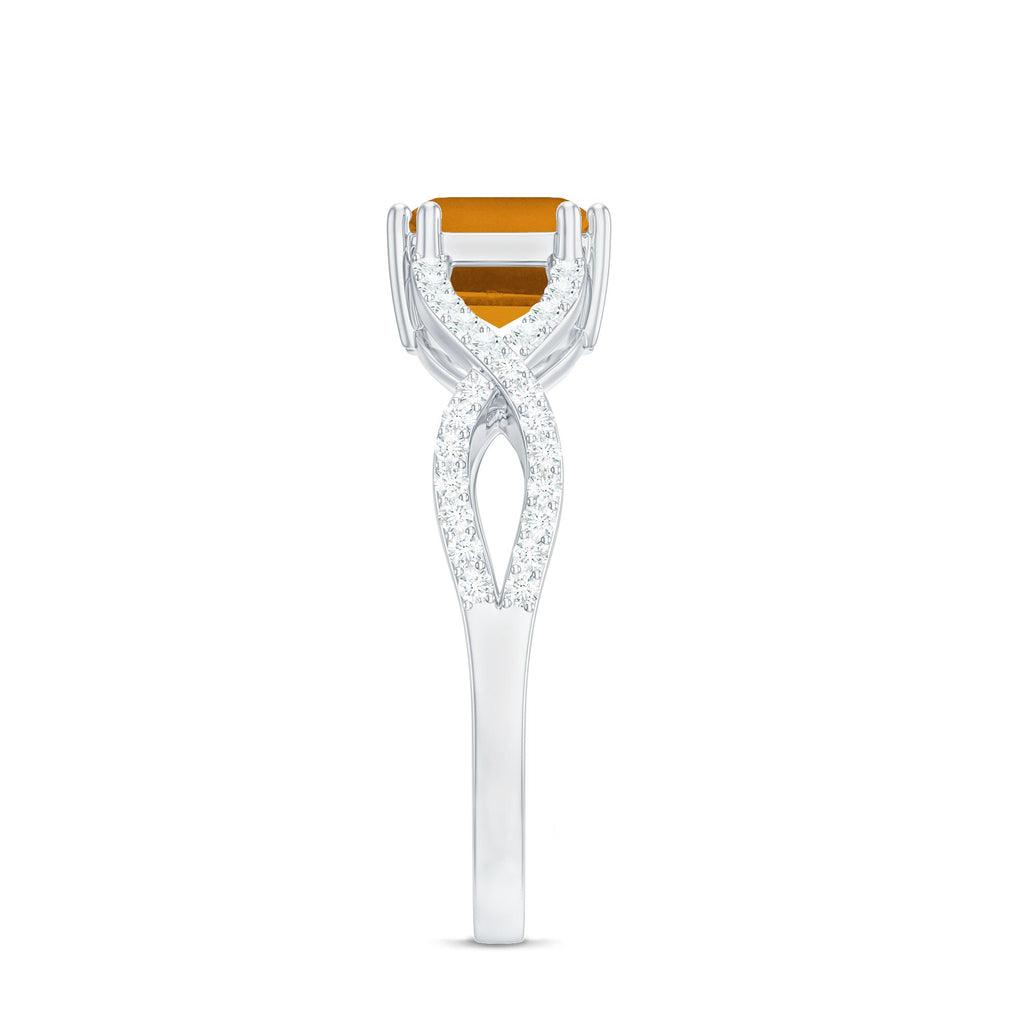 Natural Citrine Diamond Emerald Cut Engagement Ring in East West Style
