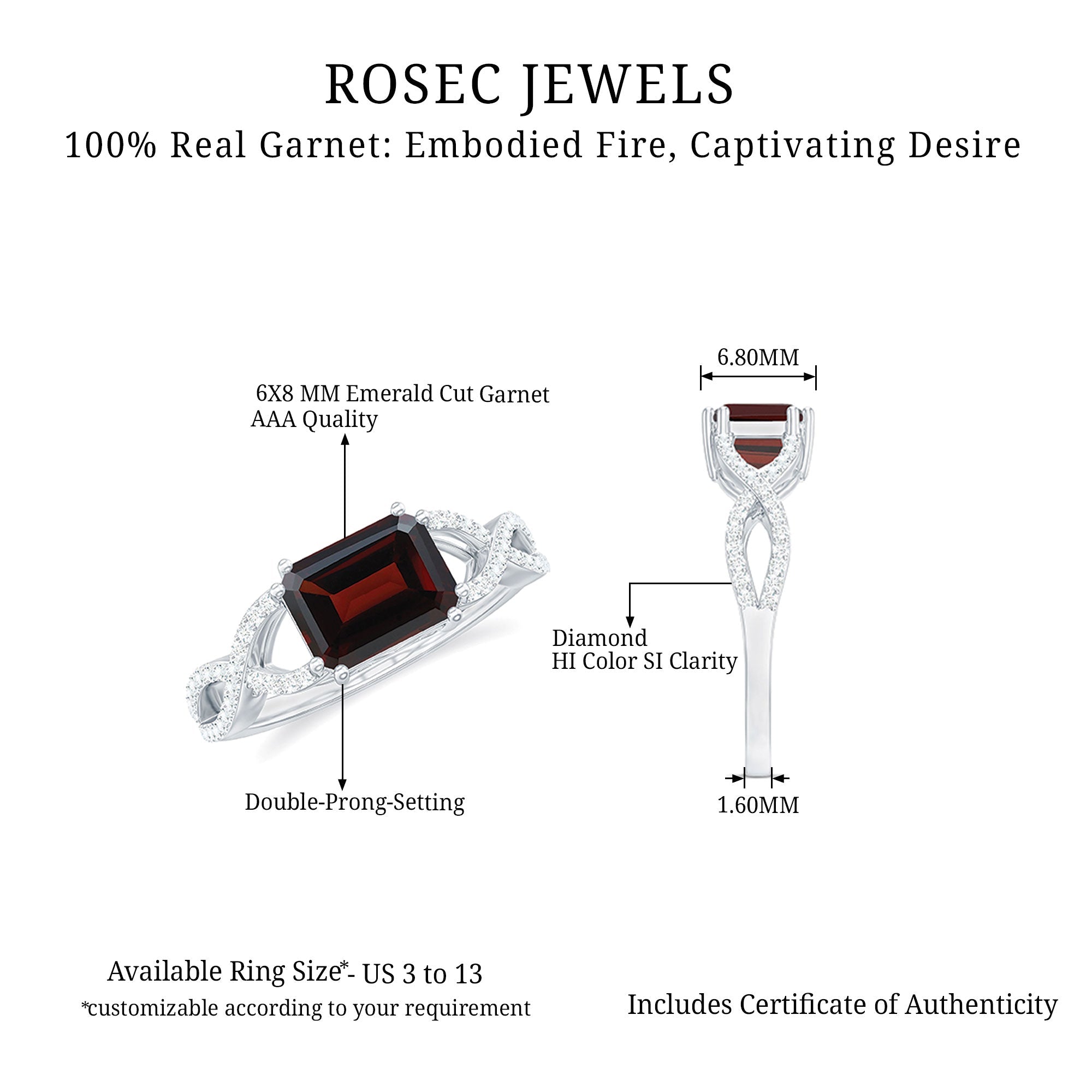 Certified Real Garnet Diamond Emerald Cut Engagement Ring in East West Style
