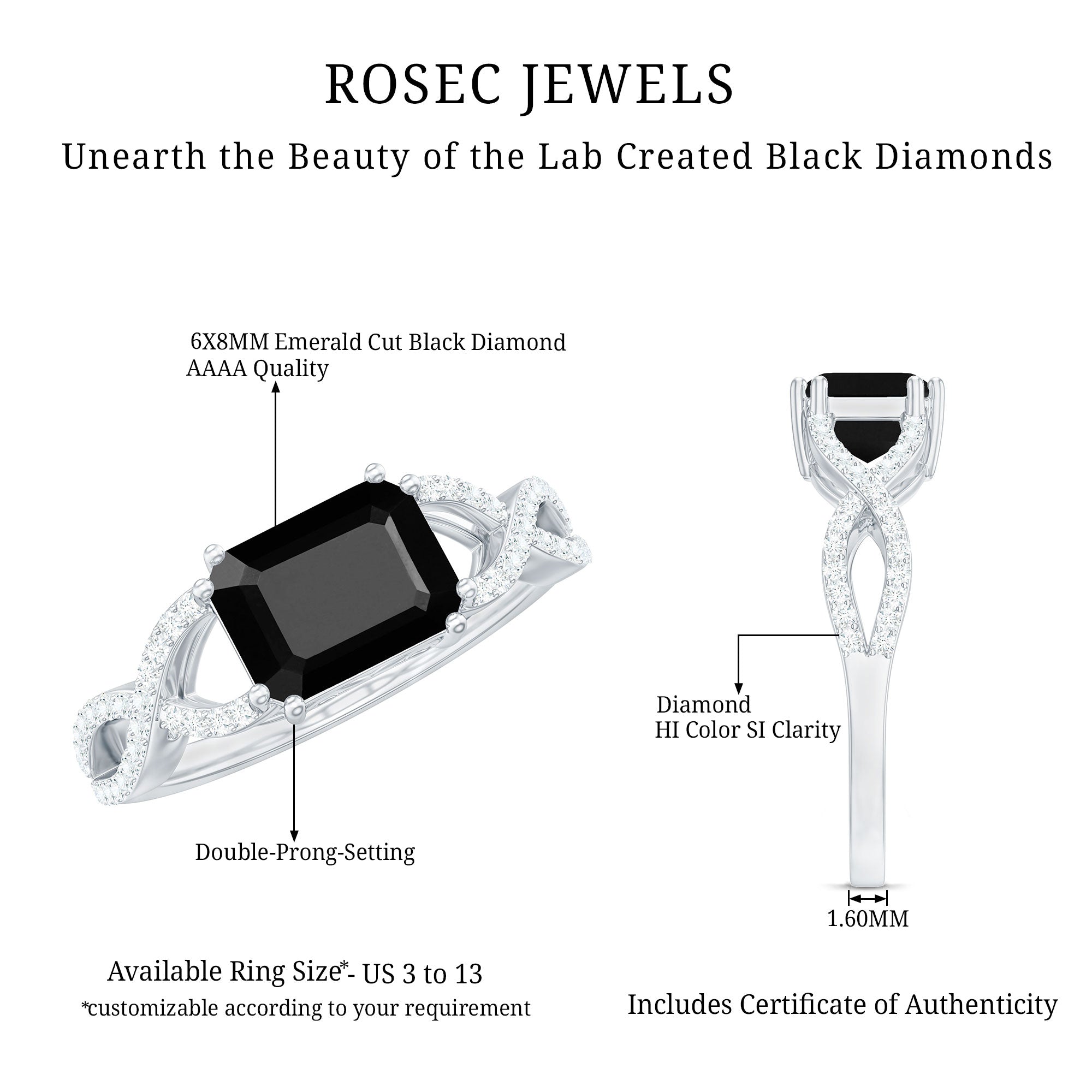 East West Style 1.6 Carat Lab Grown Black and White Diamond Engagement Ring with Crossover Shank