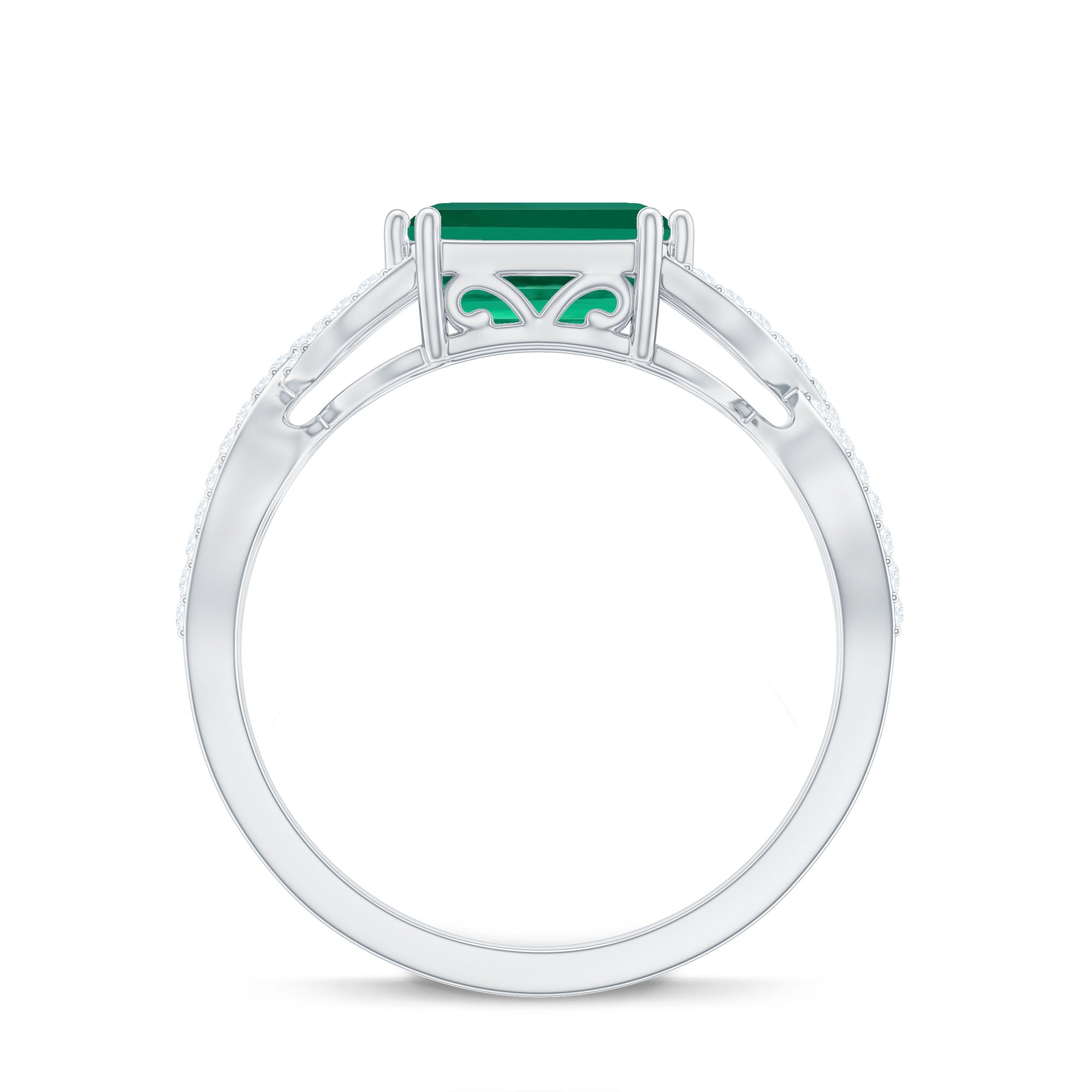 East West Style Lab Grown Emerald Cut Emerald Engagement Ring with Diamond