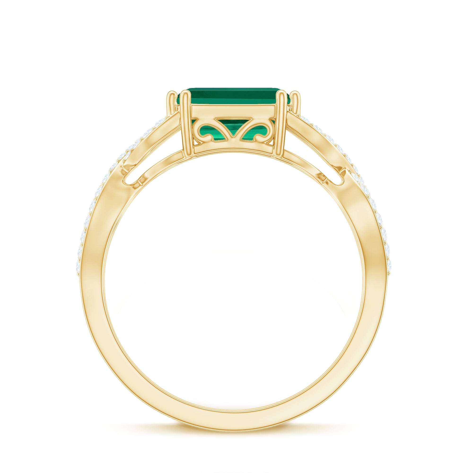 East West Style Lab Grown Emerald Cut Emerald Engagement Ring with Diamond