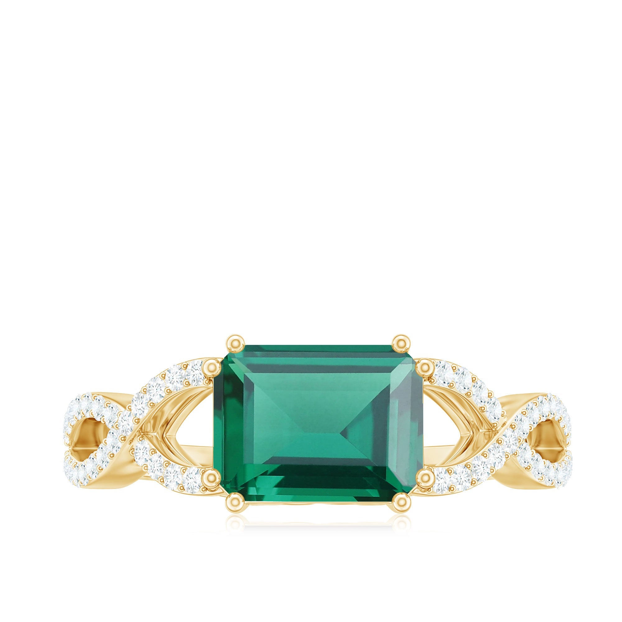 East West Style Lab Grown Emerald Cut Emerald Engagement Ring with Diamond