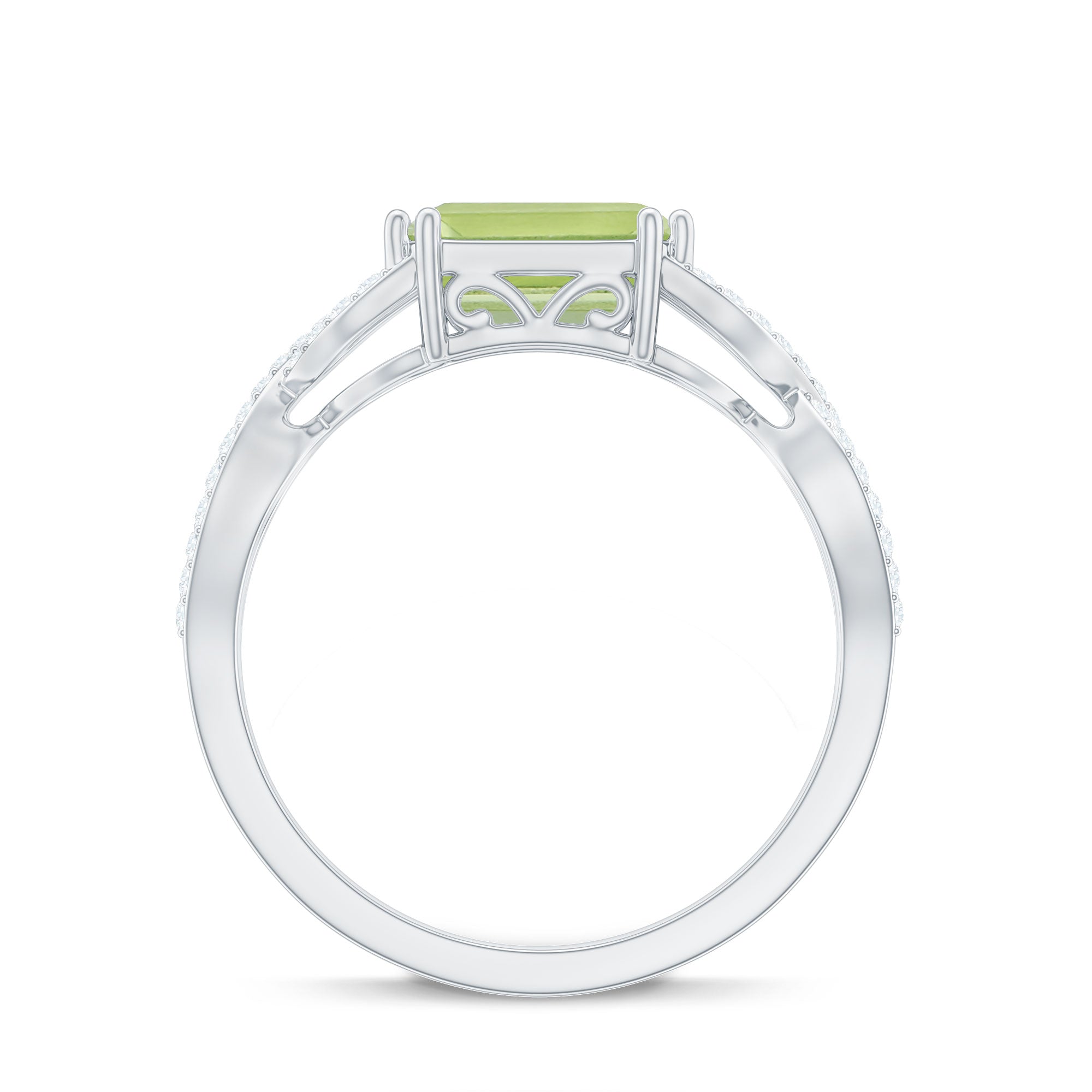 1.8 Carat Emerald Cut Peridot Engagement Ring Diamond Crossover Shank