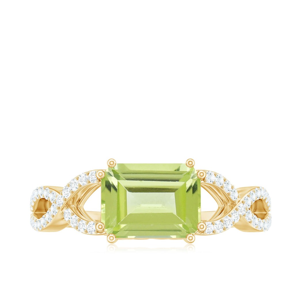 1.8 Carat Emerald Cut Peridot Engagement Ring Diamond Crossover Shank