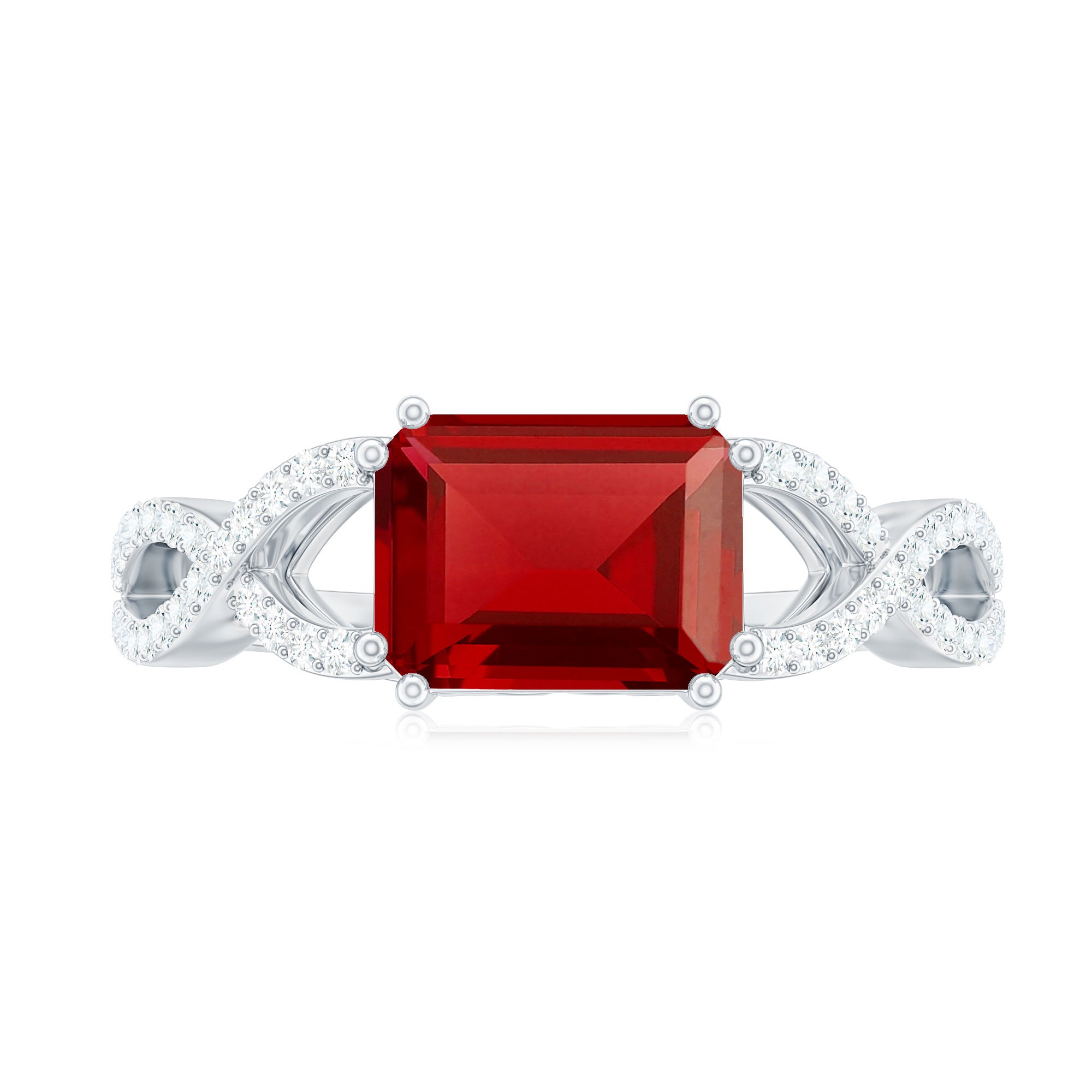 Emerald Cut Created Ruby East-West Crossover Ring with Diamond