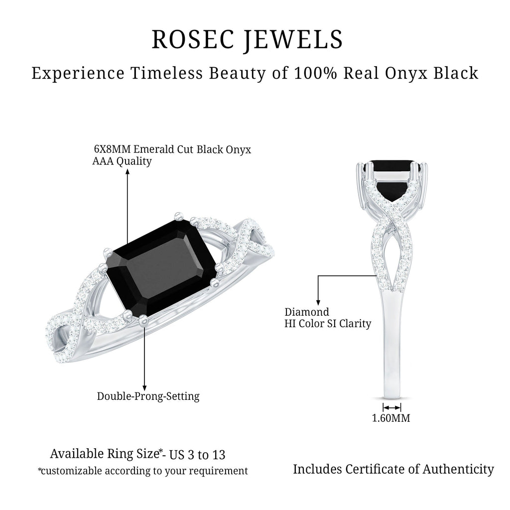 Designer Black Onyx Crossover Engagement Ring with Diamonds
