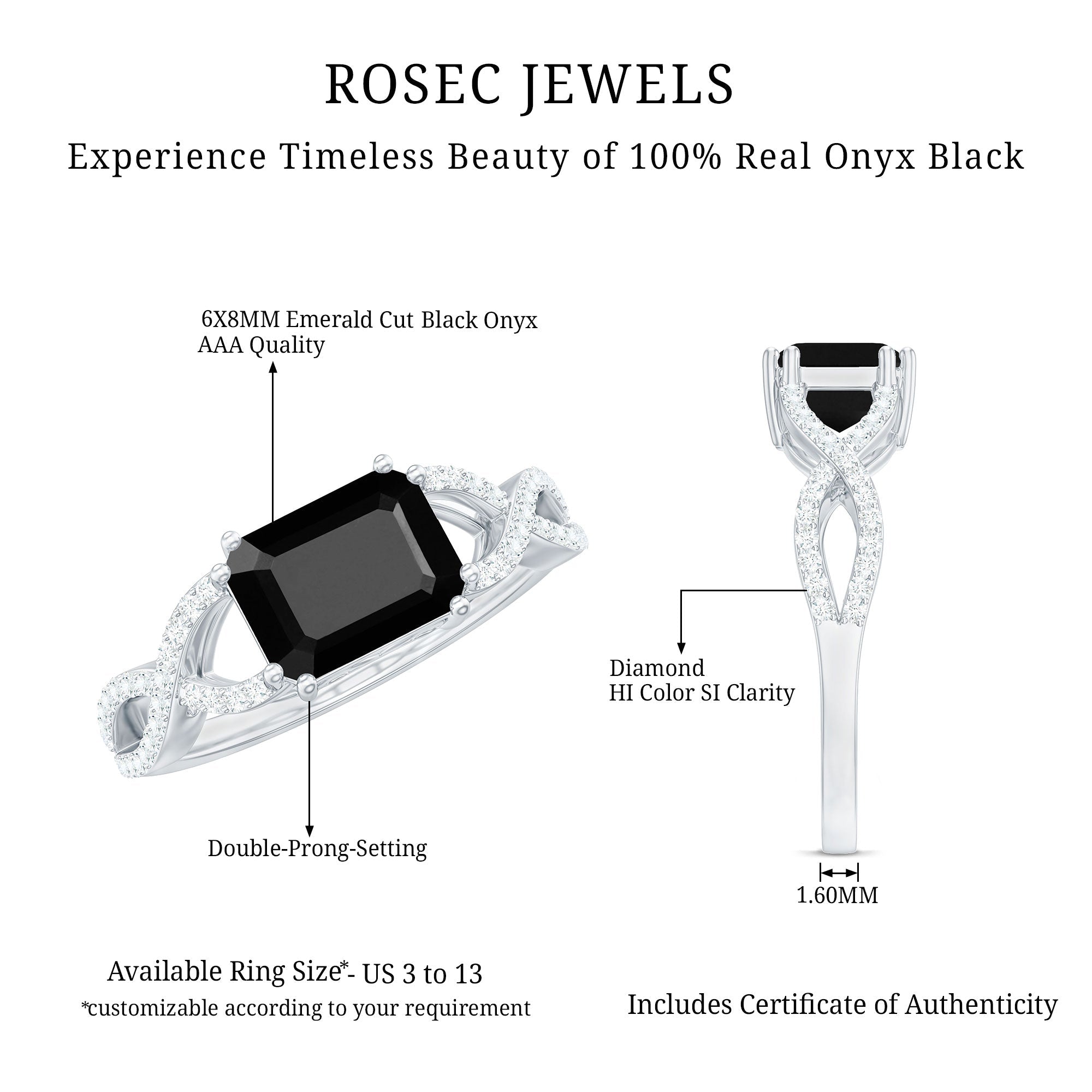 Designer Black Onyx Crossover Engagement Ring with Diamonds