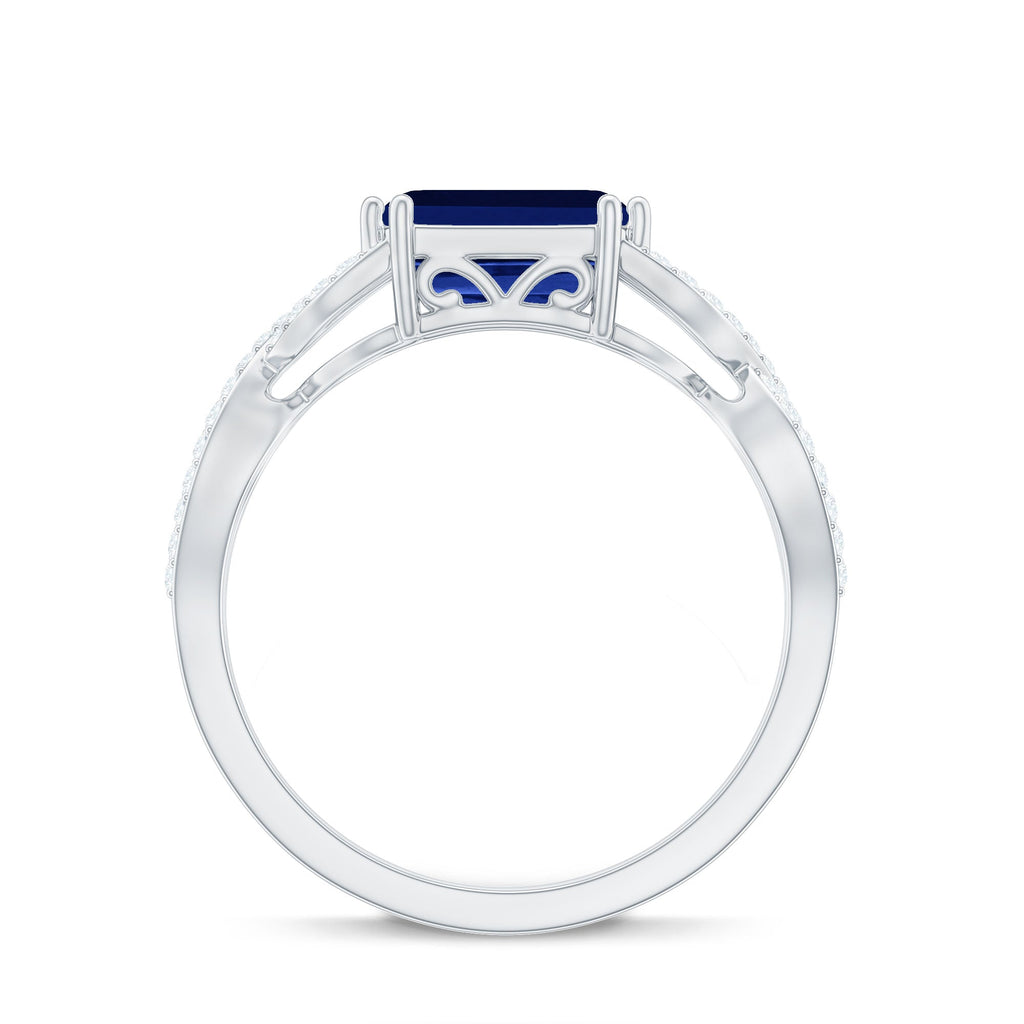Certified 1.75 Carat Lab Created Blue Sapphire East West Engagement Ring with Diamond Crossover Shank