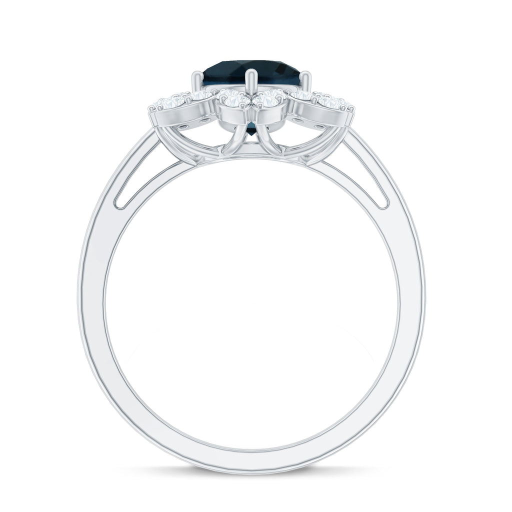 1.3 Carat Round London Blue Topaz Floral Engagement Ring with Diamond