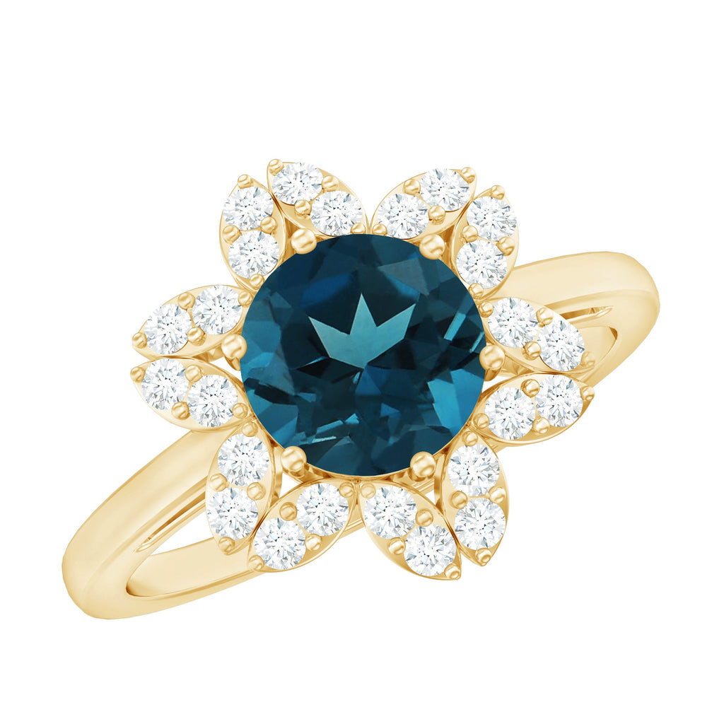 1.3 Carat Round London Blue Topaz Floral Engagement Ring with Diamond