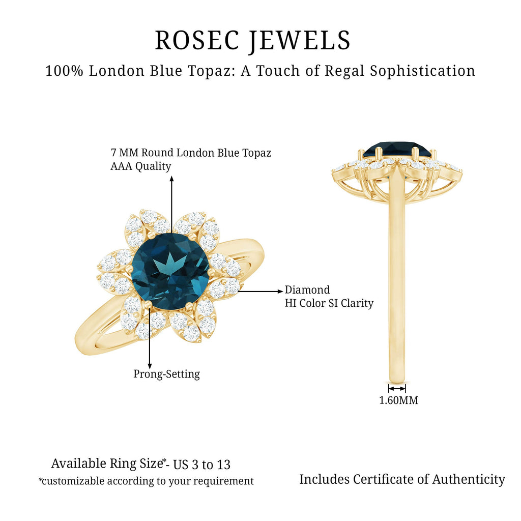 1.3 Carat Round London Blue Topaz Floral Engagement Ring with Diamond