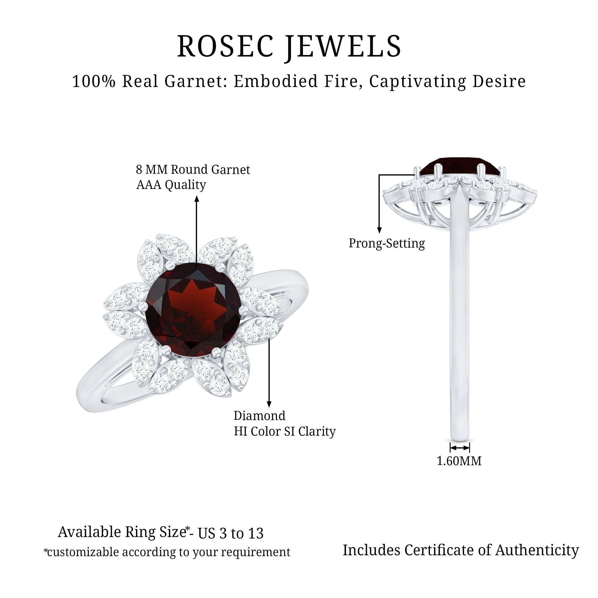Certified Natural 2.3 Carat Garnet Flower Engagement Ring with Diamond